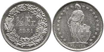 ШВЕЙЦАРИЯ 1/2 ФРАНКА 1981 KM 23а.1 медно-никель 4528-562