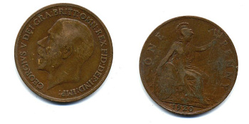 Великобритания 1 пенни 1920 Георг V (1910-1936) КМ 810, Spink 4051 бронза 47-421
