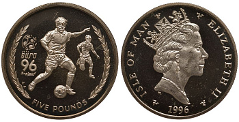 Остров Мэн 5 фунтов 1996 АА, кубок УЕФА по футболу 1996 года в Англии KM 587 вирениум UNC 1078-5-31