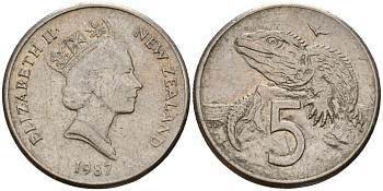 Новая Зеландия 5 центов 1987 Елизавета II (1952-2022), ящерица гаттерия KM 60 медно-никель 4142-1045