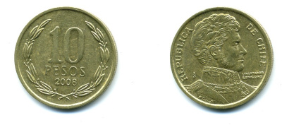 ЧИЛИ 10 ПЕСО 2008 ГЕНЕРАЛ БЕРНАРДО О ХИГГИНС KM 228.2 никель-бронза 37-325