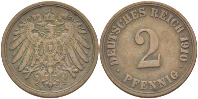 ГЕРМАНИЯ 2 ПФЕННИГА 1910 A KM 16, J. 11, Weege 4 медь 212-341