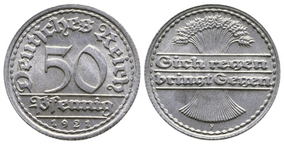 ГЕРМАНИЯ 50 ПФЕННИГОВ 1921 F KM 27, J. 301 алюминий 4380-843