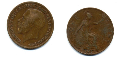 Великобритания 1 пенни 1920 Георг V (1910-1936) КМ 810, Spink 4051 бронза 47-421