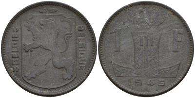 Бельгия 1 франк 1945 Belgie - Belgique, Леопольд III (1934-1947), германская оккупация, Вторая мировая война KM 128 цинк 4161-546