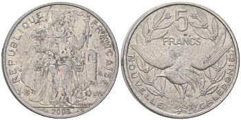 Французская Новая Каледония 5 франков 2003 птица кагу, (IEOM) KM 16, Schoen 12, Lec 81h алюминий 189-721