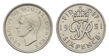 Великобритания 6 пенсов 1951 Георг VI (1936-1952) KM 875, Spink 4110 медно-никель 4651-1057