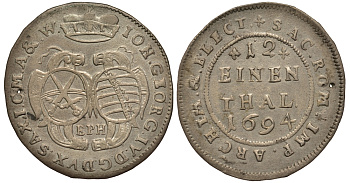 САКСОНИЯ 1/12 ТАЛЕРА 1694 EPH, ЙОХАНН ГЕОРГ IV (1691-1694) KM 638, Claus/Kahnt 681 Slg. Merseburger 1346 серебро 272-212