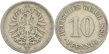 ГЕРМАНИЯ 10 ПФЕННИГОВ 1889 E, СТАРОГЕРБОВКА KM 4, J. 4 медно-никель 4401-337