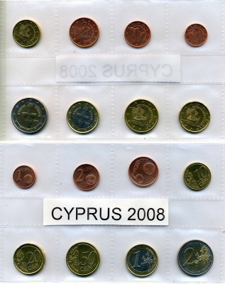 Кипр евронабор из 8 монет 2008 1, 2, 5, 10, 20, 50 евроцентов, 1, 2 евро биметалл UNC 966-1-1