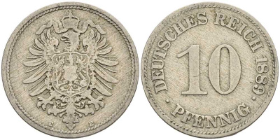 ГЕРМАНИЯ 10 ПФЕННИГОВ 1889 E, СТАРОГЕРБОВКА KM 4, J. 4 медно-никель 4401-337