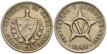 Куба 5 сентаво 1946 KM 11.3, Y 5b, Schoen 5 медно-никель 4114-114