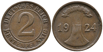 ГЕРМАНИЯ 2 РЕНТЕНПФЕННИГА 1924 D KM 31, J. 307 бронза 24-645