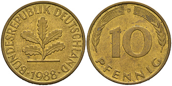 ФРГ 10 ПФЕННИГОВ 1988 D KM 108, J.383 сталь плакированная латунью 75-655