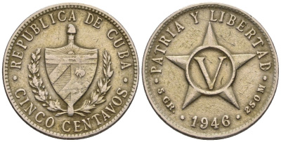 Куба 5 сентаво 1946 KM 11.3, Y 5b, Schoen 5 медно-никель 4114-114