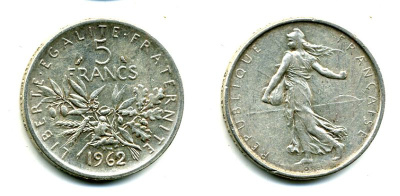 Франция 5 франков 1962 сеятель KM 926, LE FRANC 340.6 серебро 37-941