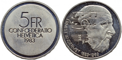ШВЕЙЦАРИЯ 5 ФРАНКОВ 1983 100 ЛЕТ СО ДНЯ РОЖДЕНИЯ ЭРНЕСТА АНСЕРМЕ KM 62 медно-никель UNC 443-145