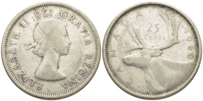 Канада 25 центов 1960 Елизавета II (1952-), олень KM 52 серебро 3856-125