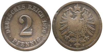 ГЕРМАНИЯ 2 ПФЕННИГА 1876 F, СТАРОГЕРБОВКА KM 2, J. 2 медь 100-918