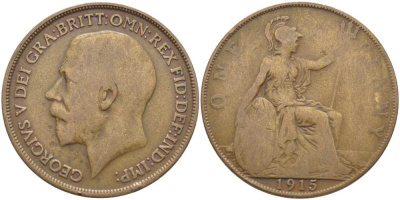 Великобритания 1 пенни 1915 Георг V (1910-1936) KM 810, Spink 4051 бронза 111-1234