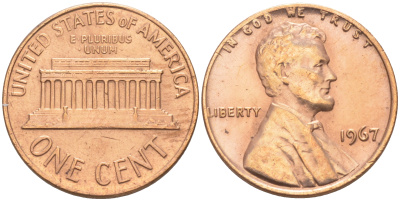 США 1 ЦЕНТ 1967 ЛИНКОЛЬН KM 201 медь цинк 188-257
