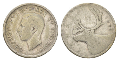 Канада 25 центов 1942 Георг VI (1936-1952), олень KM 35 серебро 4622-815
