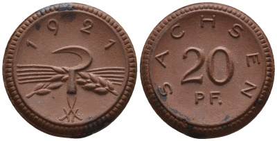 Саксония 20 пфеннигов 1921 колосья и серп J. N 53 фарфор UNC 1094-9-13