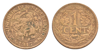 Нидерланды 1 цент 1917 Вильгельмина (1890-1948) KM 152 бронза 75-515