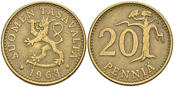 ФИНЛЯНДИЯ 20 ПЕННИ 1963 S KM 47 алюминиевая бронза 4563-256