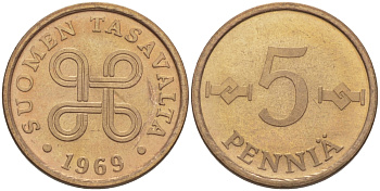 ФИНЛЯНДИЯ 5 ПЕННИ 1969 KM 45 медь 100-162