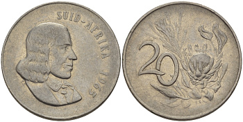 ЮАР 20 ЦЕНТОВ 1965 SUID, ЯН ВАН РИБЕК (1619-1677), ГОЛАНДСКИЙ ИССЛЕДОВАТЕЛЬ , МОРЕПЛАВАТЕЛЬ, ОСНОВАТЕЛЬ Г. КЕЙПТАУНА, ЦВЕТОК ПРОТЕЯ, АФРИКАНСКАЯ ЛЕГЕНДА KM 69.2 никель 67-435
