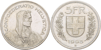 ШВЕЙЦАРИЯ 5 ФРАНКОВ 1995 В KM 40а.4 медно-никель 3333-1125