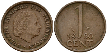Нидерланды 1 цент 1950 Юлиана (1949-1980) KM 180 бронза    4598-141