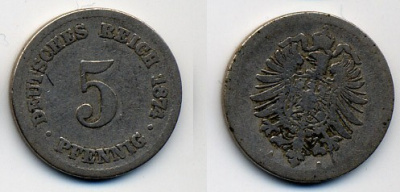 ГЕРМАНИЯ 5 ПФЕННИГОВ 1874 A, СТАРОГЕРБОВКА KM 3, J. 3 медно-никель 41-626