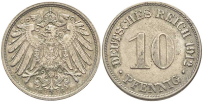 ГЕРМАНИЯ 10 ПФЕННИГОВ 1912 G KM 12, J. 13 медно-никель 210-712