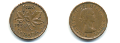 КАНАДА 1 ЦЕНТ 1959 КЛЕНОВЫЙ ЛИСТ KM 49 бронза 177-1322