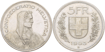 ШВЕЙЦАРИЯ 5 ФРАНКОВ 1995 В KM 40а.4 медно-никель 3333-1125
