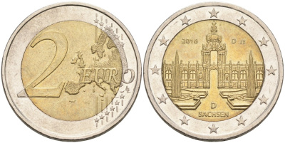 Германия 2 евро 2016 D, серия федеральные земли Германии, Саксония KM 347 биметалл 4521-1013