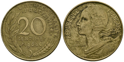 Франция 20 сантимов 1964 тип Marianne KM 930 медь алюминий никель 4135-553