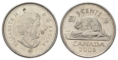 Канада 5 центов 2006 Leaf, Елизавета II (1952-2022), бобр KM 491 сталь плакированная никелем UNC 4689-462