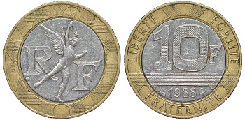 Франция 10 франков 1988 тип Гений Бастилии KM 964.1, Le Frank 375.2 биметалл 45-522