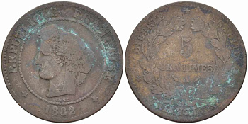 ФРАНЦИЯ 5 САНТИМОВ 1882 A, ТРЕТЬЯ РЕСПУБЛИКА (1871-1940) KM 821.1, LE FRANC 118.24 бронза 108-726
