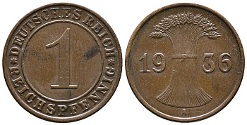 ГЕРМАНИЯ 1 РЕЙХСПФЕННИГ 1936 A KM 37, J. 313 бронза 39-1123