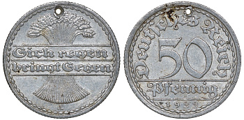 Германия 50 пфеннигов 1922 A KM 27, J. 301, Weege 10 алюминий 4163-415