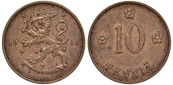 Финляндия 10 пенни 1939 KM 24 медь 51-3154