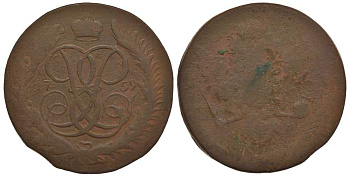 Россия 5 копеек 1759 ММ, Елизавета Петровна (1741-1762), Петров 1 рубль Биткин 388 R медь 1083-1-21