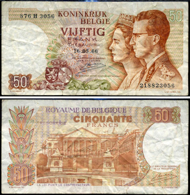 Бельгия 50 франков 1966 Король Боуэн и королева Фабиола, Kestens Pick 139 (3) бумага 7221-22-1-1