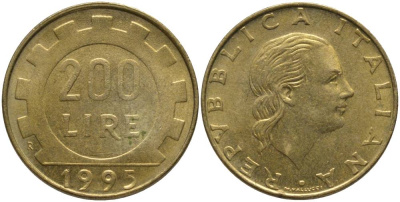 Италия 200 лир 1995 R, шестерня KM 105 алюминиевая бронза 181-431