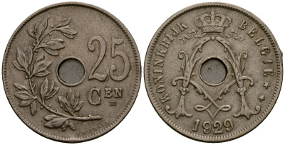 Бельгия 25 сантимов 1929 Belgie, Альберт I (1909-1934) KM 69 медно-никель 4403-623
