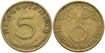 Германия 5 рейхспфеннигов 1938 D KM 91, J. 363 алюминиевая бронза 4151-835